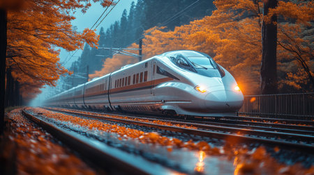 High speed Train Gliding Through Autumn Landscape With Vibrant Foliage and Misty Environment Generative AIの素材