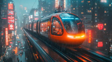High tech Subway Train Gliding Through a Vibrant Urban Landscape Under Rain During Twilight, Showcasing Modern Transportation in a Bustling City Generative AIの素材