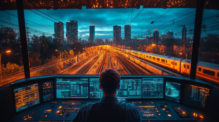 View of a Control Room Monitoring Urban Transportation Networks at Dusk With Automated Systems Ensuring Safety and Efficiency Generative AIの素材