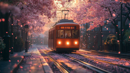 Cherry Blossom Train Traverses Urban Metro Tracks With Vibrant Colors During Sunset in a Tranquil City Landscape Generative AIの素材