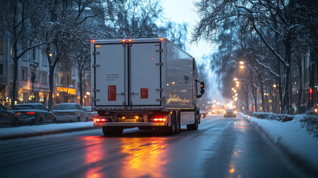 Logistics Truck Navigating Snowy Urban Street During Evening Hours Transporting Goods for Distribution and Delivery Generative AIの素材