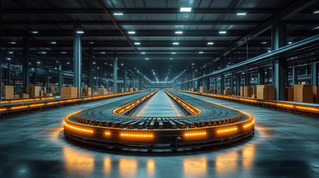 High tech Warehouse Facility for Logistics Featuring Advanced Conveyor Belt System and Organized Storage Areas Generative AIの素材