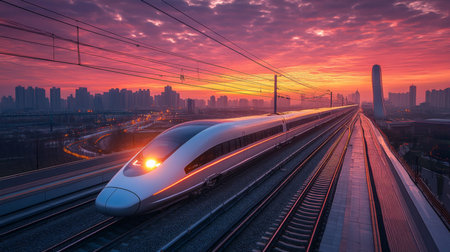 High speed Maglev Train Traveling at Dusk Through an Urban Landscape Showcasing Advanced Railway Infrastructure and the Future of Transportation Generative AIの素材
