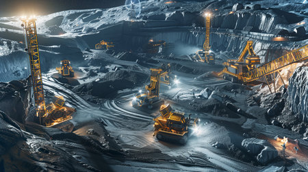 Heavy machinery operates on an asteroid surface, extracting regolith for resource refinementの素材