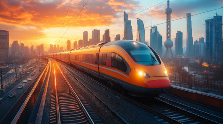 High speed Train Travels Through an Urban Landscape at Sunset, Showcasing Advancements in Railway Transportation and Mobility Generative AIの素材