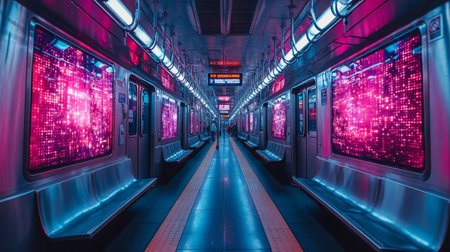 Urban Subway Interior Showcasing Vibrant Automated Displays and Ambient Lighting at Peak Commuter Hours Generative AIの素材