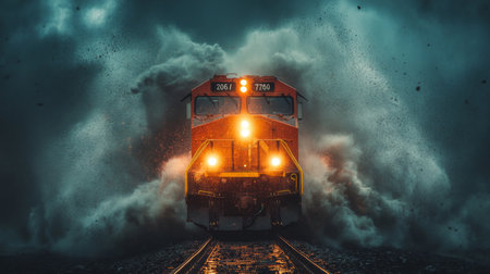 Powerful Freight Train Navigates Through Stormy Weather on Rail Tracks, Transporting Cargo and Showcasing Transport Infrastructure Generative AIの素材