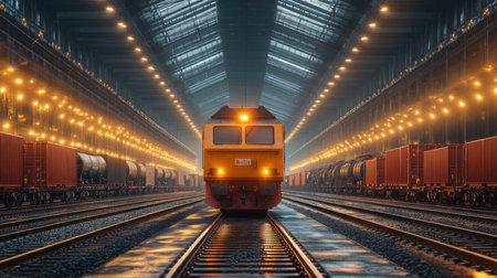 Brightly Lit Freight Train Interior Showcasing Advanced Logistics and Transport Systems in a Modern Cargo Terminal Generative AIの素材