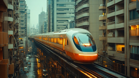 Highspeed Maglev Train Gliding Above Urban Landscape During Rainy Day in a Bustling City Generative AIの素材
