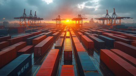 Logistics Hub at Sunset With Cargo Containers Lined up for Shipping and Unloading at a Busy Warehouse Generative AIの素材