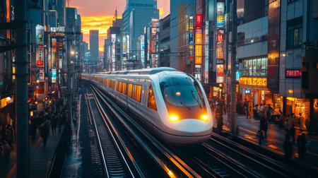 High speed Train Navigating Urban Tracks at Sunset in a Bustling City Environment With Vibrant Neon Lights Generative AIの素材