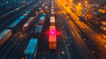The Logistics Hub at Dusk Comes Alive With Automated Trains and Containers, Beautifully Illuminated by Vibrant Lights Created Through Generative AIの素材