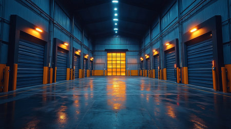 Warehouse Interior Featuring Multiple Storage Bays Illuminated With Blue and Orange Lighting Reflecting on a Wet Floor During Evening Hours Generative AIの素材