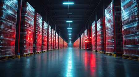 Logistics Facility With Well Organized Storage Systems Showcasing Inventory Management and Distribution Processes Generative AIの素材