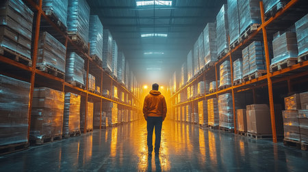 Warehouse Interior With Stacked Pallets and a Person Standing in a Golden Light During Early Evening Generative AIの素材