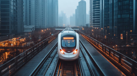 High speed Train Traversing an Urban Landscape Showcasing Modern Transportation Infrastructure in a Foggy City Setting During Dusk Generative AIの素材