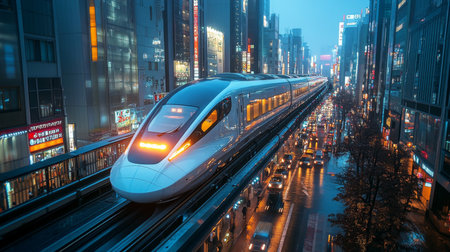 High speed Maglev Train Travels Through Urban Landscape in a Vibrant City at Dusk Showcasing Advanced Transportation Infrastructure Generative AIの素材