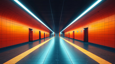 Vibrant Subway Platform With Striking Orange Walls and Illuminated Corridors Enhancing Urban Mobility Experience Generative AIの素材