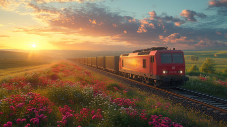 Sunrise Over Vibrant Fields as a Freight Train Transports Cargo Along a Scenic Railway in Rural Landscape Generative AIの素材