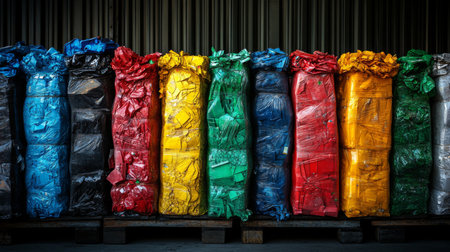 Baled Recyclable Materials in a Warehouse Showcasing Sustainable Waste Management and Efficient Packaging Practices Generative AIの素材