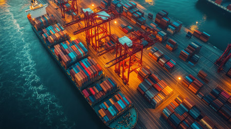 Efficient Cargo Handling Takes Place at a Busy Warehouse During Early Evening Hours With Lots of Containers and Cranes in Operation Generative AIの素材