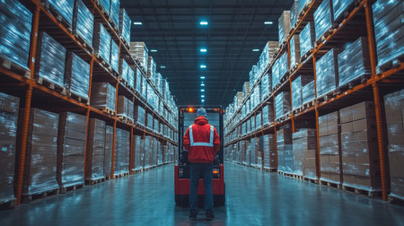 Logistics Professional Operating Forklift in a Large Warehouse Filled With Organized Inventory and Cargo Pallets During Daylight Hours Generative AIの素材