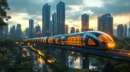 Modern Urban Transit System Facilitates Commuter Mobility Through Automated Subway Solutions in a Bustling Skyline at Sunset Generative AIの素材