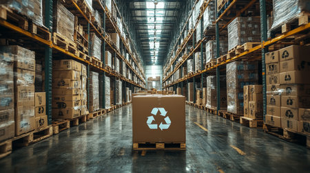 Efficient Logistics in a Sustainable Warehouse Focused on Recycling and Inventory Management With Organized Packaging Solutions Generative AIの素材