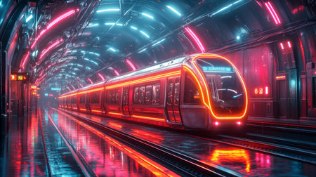Modern Subway Train Illuminated by Neon Lights in a Futuristic Urban Transit Environment Generative AIの素材