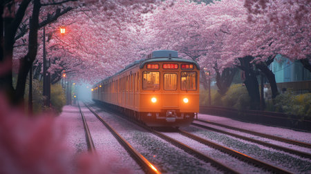 High speed Train Traveling Through Cherry Blossom Tunnel During Spring With Vibrant Flowers Lining the Tracks Generative AIの素材