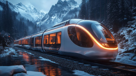 Modern High Speed Train Traverses Snowy Landscape Near Mountains During Twilight, Showcasing Advanced Railway Technology and Mobility Solutions Generative AIの素材