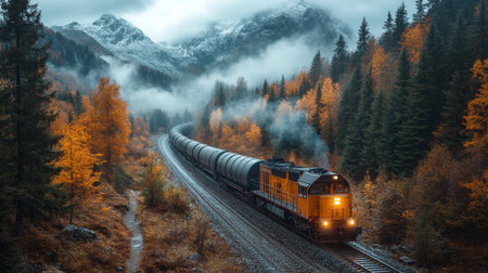 Freight Train Travels Through Autumn Forest Landscape With Mountains in the Background Generative AIの素材