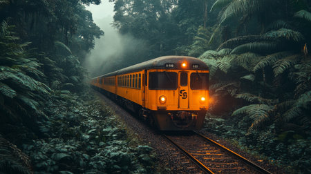 Transporting Commuters Through Lush Greenery on a Yellow Train in a Tropical Environment Under Soft Morning Light Generative AIの素材