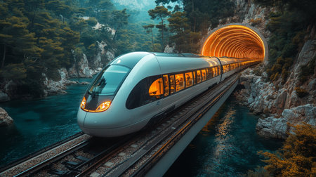High speed Maglev Train Traveling Through a Scenic Tunnel Near the Coast in a Modern Transportation Landscape Generative AIの素材