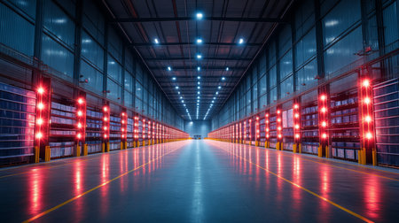 In a Large, Well Lit Warehouse, Bright Overhead Lights Illuminate the Spacious Aisles Lined With Shelving Units Preparing for Logistics Operations Generative AIの素材