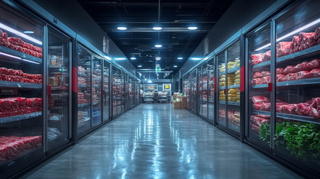 Efficiently Organized Cold Storage Facility for Perishable Goods in a Modern Warehouse Generative AIの素材