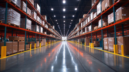 Large Warehouse Interior Showcasing Organized Storage for Efficient Logistics and Inventory Management in a Modern Facility Generative AIの素材