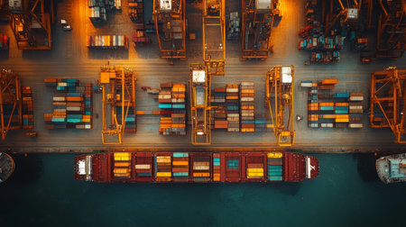 View of a Busy Logistics Warehouse With Cargo Containers Arranged in Rows and a Ship Being Loaded at Dusk Generative AIの素材