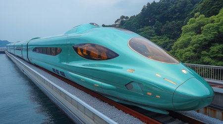 High speed Maglev Train Showcasing Advanced Transport Technology Along Scenic Railway Through Lush Green Landscapes Generative AIの素材