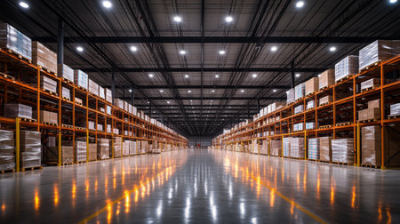 Large Warehouse Interior Showcasing Organized Storage, Inventory Management, and Efficient Logistics Operations Generative AIの素材