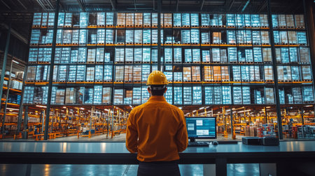 Professional Overseeing Inventory Management in a Modern Warehouse Environment Filled With Organized Stock Ready for Distribution Generative AIの素材