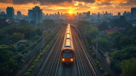 Highspeed Train Traveling Towards the Sunset in an Urban Landscape Highlighting Modern Transportation Infrastructure Generative AIの素材