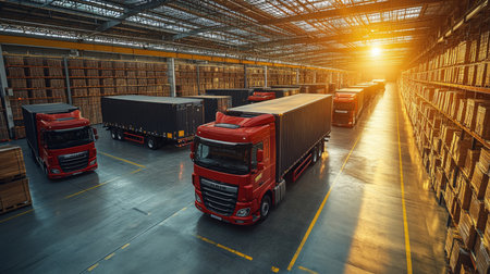 Large Logistics Warehouse at Sunset With Multiple Trucks Preparing for Distribution and Transport Activities Generative AIの素材