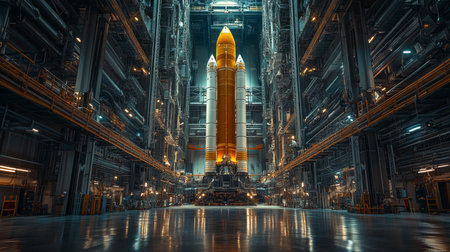Rocket Poised for Launch in a High Tech Aerospace Facility Highlighting Advanced Propulsion Technology and Intricate Engineering Processes Generative AIの素材