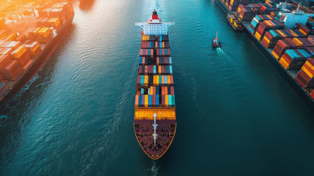 A Cargo Ship Skillfully Maneuvers Through a Bustling Port, Surrounded by Vividly Colored Containers, All Set Against a Stunning, Vibrant Sunset. Generative AI Captures This Picturesque Sceneの素材