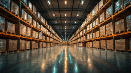 Large Warehouse Interior Showcasing Organized Rows of Pallets Stacked With Freight and Inventory Under Bright Lights at a Logistics Facility Generative AIの素材