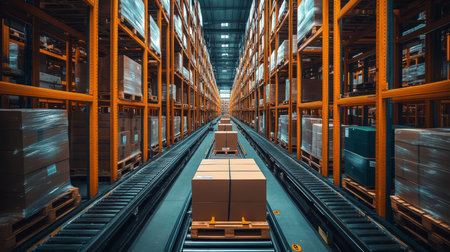 Efficient Warehouse Logistics Hub With Organized Inventory and Automated Sorting System During Daytime Operations Generative AIの素材