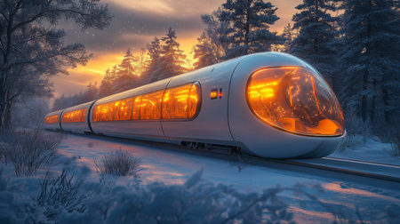 High speed Maglev Train Travels Through a Snowy Forest at Sunset, Showcasing Modern Transport Technology and Infrastructure Generative AIの素材