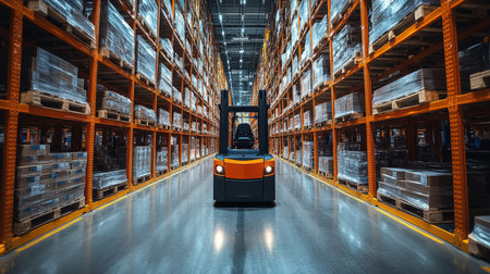 Efficient Warehouse Logistics With a Forklift Navigating Through Organized Storage Aisles Filled With Cargo Pallets Generative AIの素材