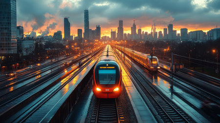 Modern Train Approaches an Urban Station at Sunset With City Skyline Illuminated by Bright Lights and Cloudy Sky Generative AIの素材
